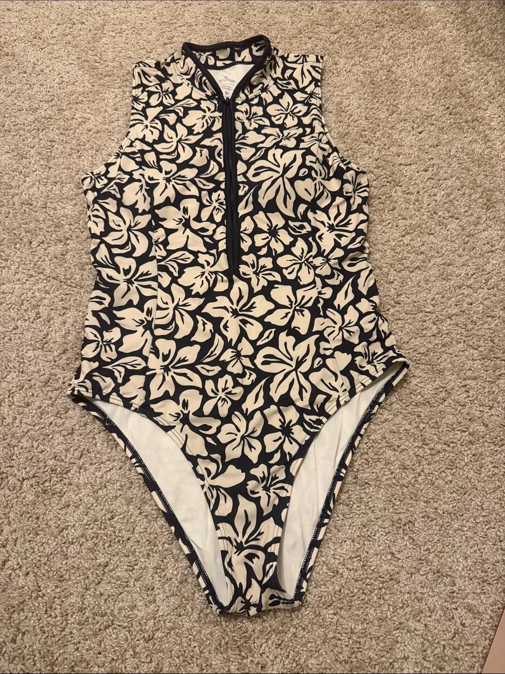 Rip Curl Black & Cream Floral Zip Front One-Piece Swimsuit